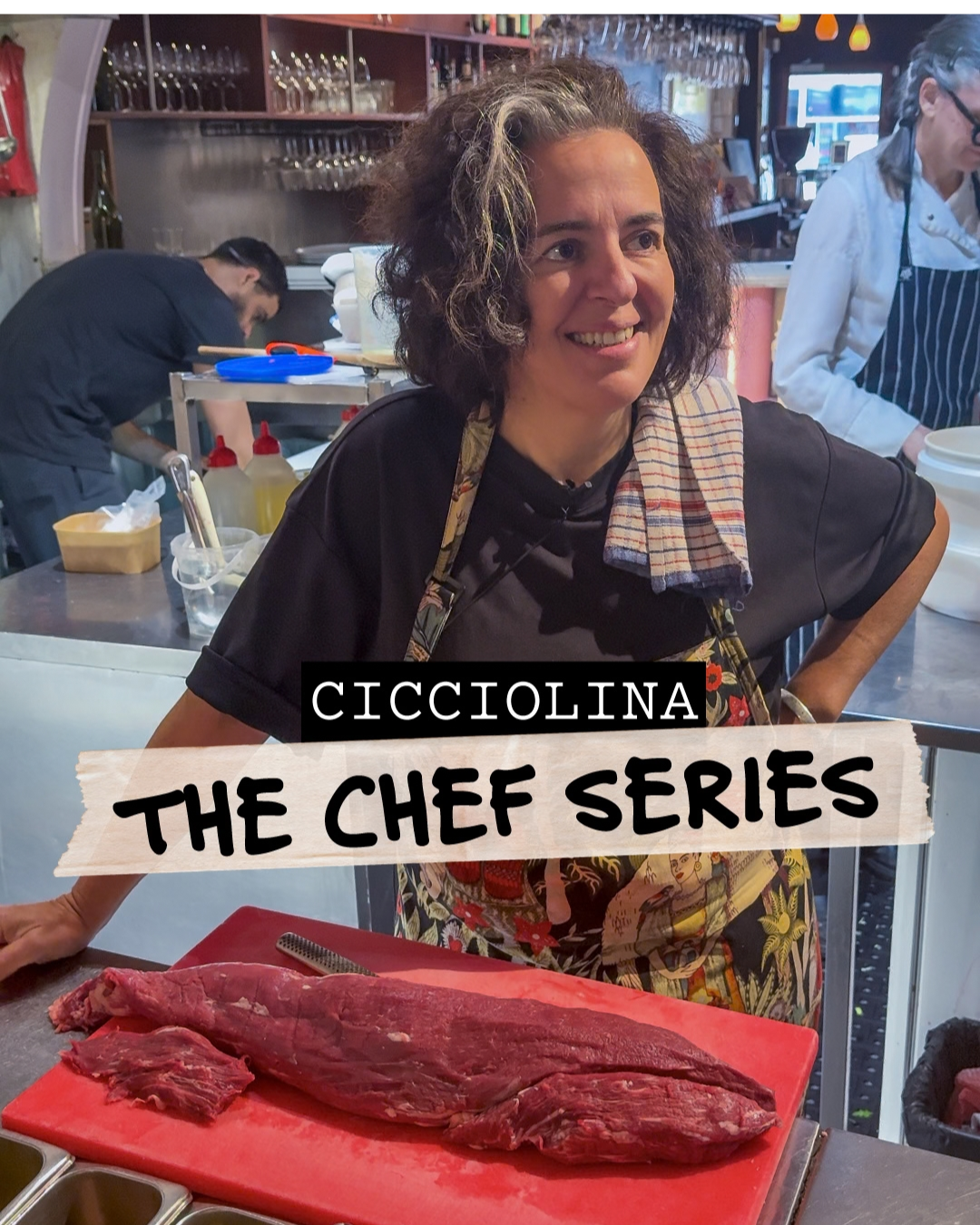 Chef Michelle Elia at Cicciolina in St Kilda Chef Michelle Elia at Cicciolina in St Kilda, standing behind the pass with a whole beef tenderloin ready to be prepped